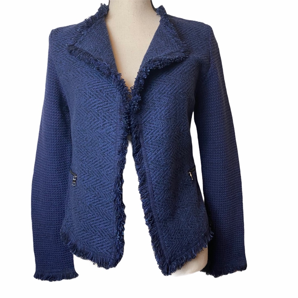 NIC+ZOE Navy Fringe Open-Front Jacket
